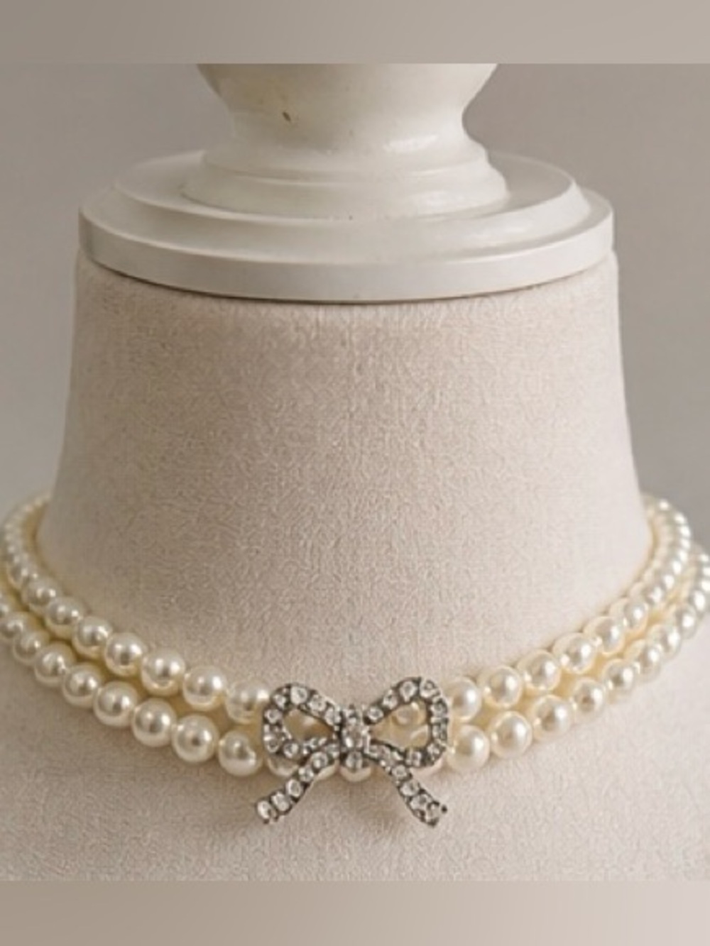 Talbots Faux Pearl Choker Necklace & Bracelet Set | Rhinestone Bow | Bridal - Picture 2 of 6